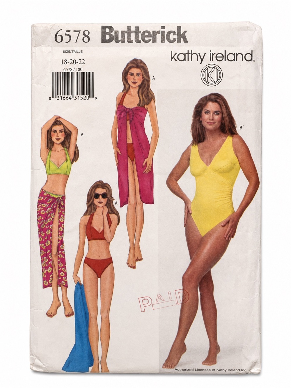 Vintage Butterick 6578 Kathy Ireland Swimsuit Bikini Pareo Pattern 18-22 Uncut